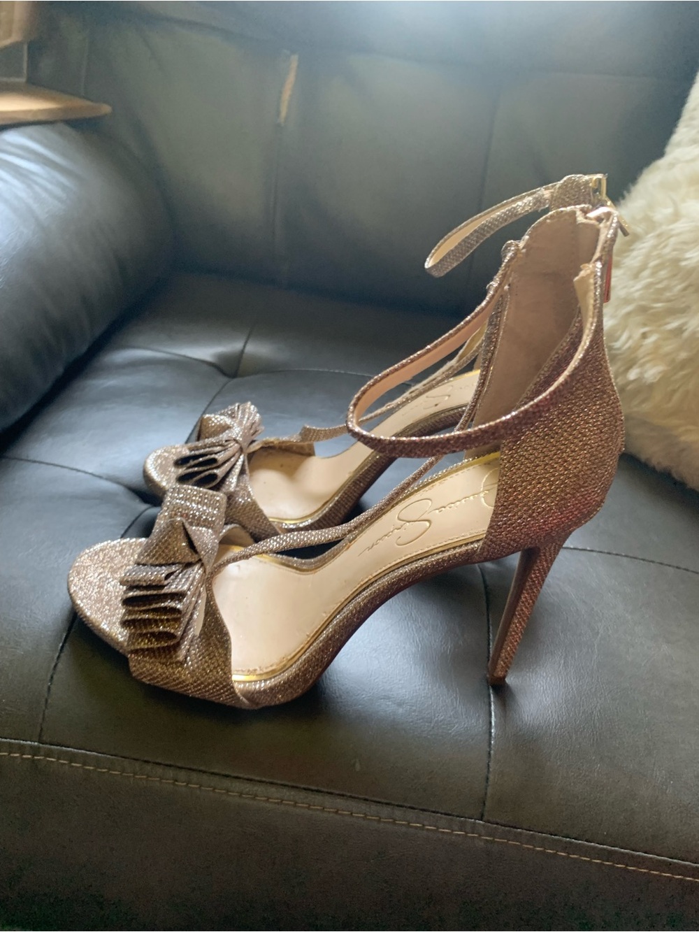 Jessica Simpson Rose Gold Glitter Ankle-Strap Heels with Bow